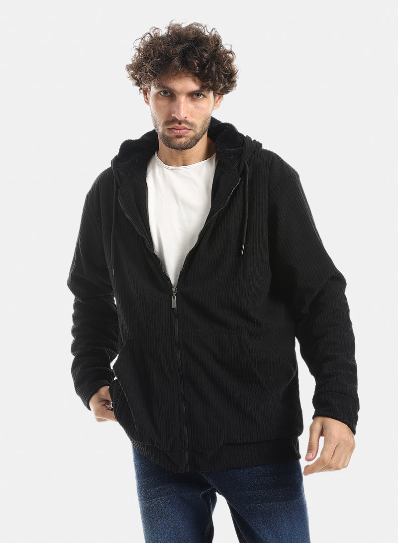 Andora Ribbed Style Zip Hoodie Jacket_Black - Image 1